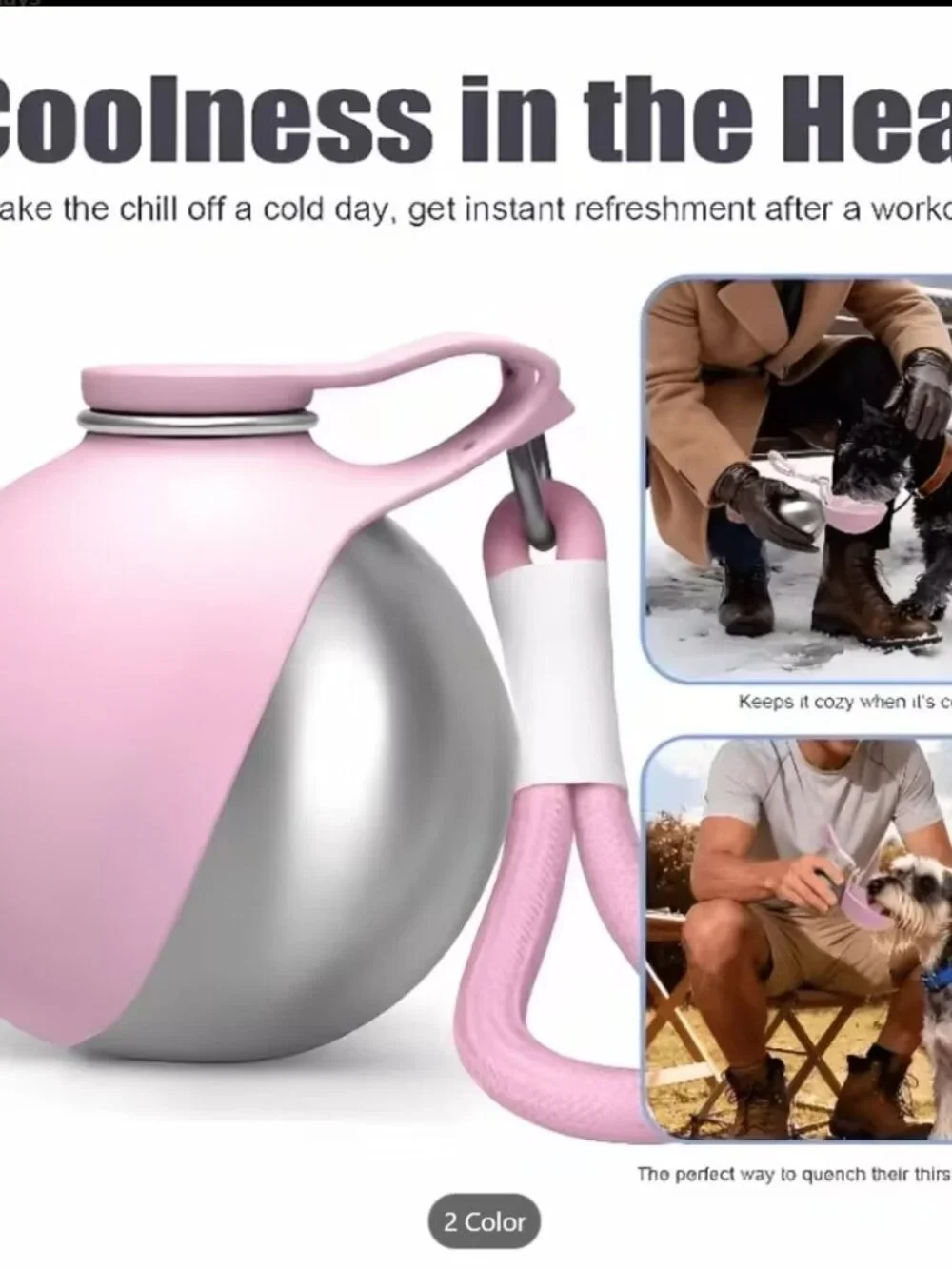2-in-1 Portable Dog Water Bottle Bowl 10 oz Stainless Steel Pink NEW
